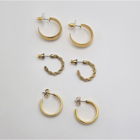 Hoop Earrings Goldtone Classic Minimalist Capsule Dainty Pierced Lot of 3 Pairs - Picture 1 of 11